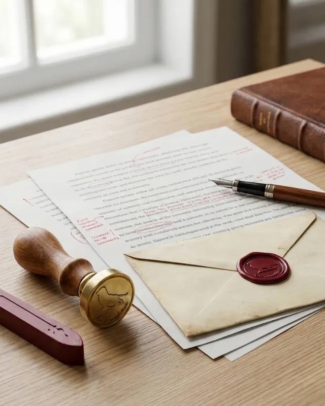 Proofread manuscript, fountain pen and brass wax seal stamp with the Ebro Translations lion
